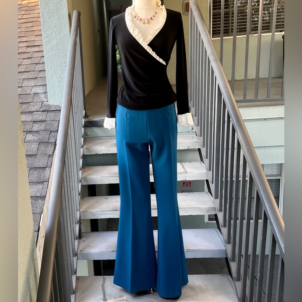 Safiyaa Turquoise Blue Wide Leg Trousers Size 6 38 UK 10 Stretch Flat Front Pant - Picture 3 of 17